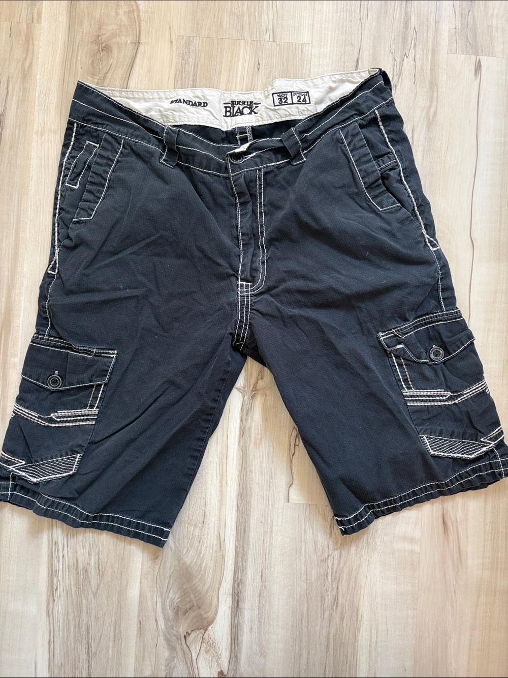 Buckle Black Cargo Shorts with White Contrast Stitching